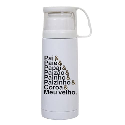 Térmico personalizado com frase familiar, ideal para presentear e manter bebidas quentes ou frias.